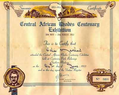 Rhodes Centenary Exhibition certificate