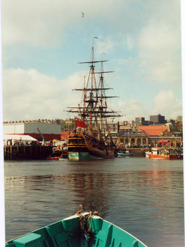 The replica of the 'Endeavour', moored by the fish dock in Whitby harbour, 227 years after the original departed for Cook's first voyage to Australia
